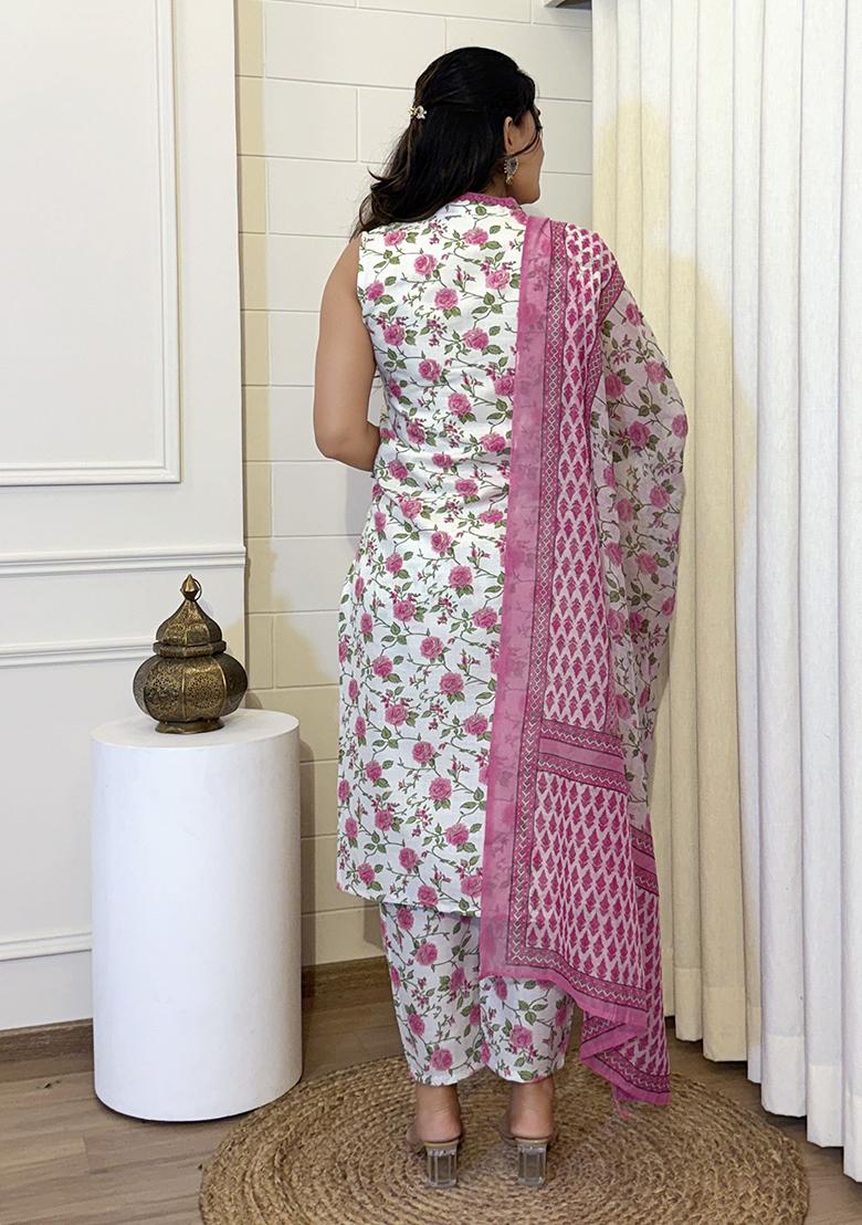 Beige Embroidered Blended Kurta Set - Indya