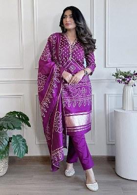 Purple Embroidered Blended Kurta Set