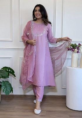 Purple Embroidered Blended Kurta Set