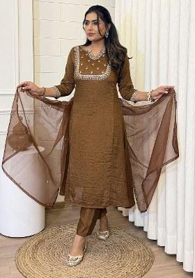 Brown Embroidered Blended Kurta Set
