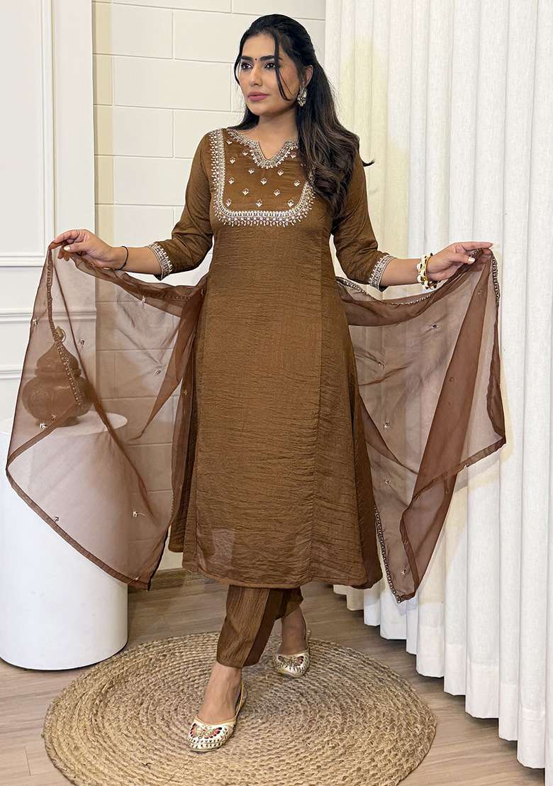 Brown Embroidered Blended Straight Kurta Set - Indya