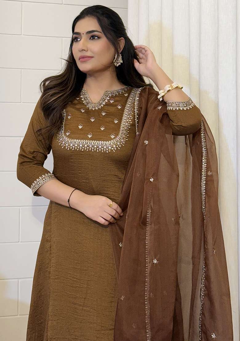 Brown Embroidered Blended Straight Kurta Set - Indya