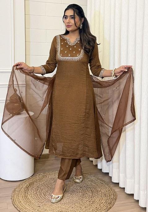 Brown Embroidered Blended Kurta Set