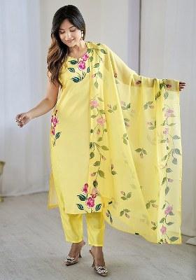 Yellow Embroidered Blended Kurta Set