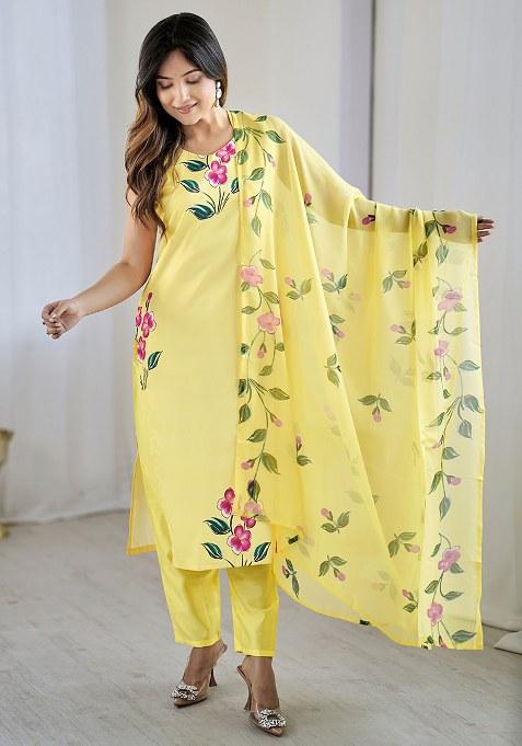 Yellow Embroidered Blended Kurta Set