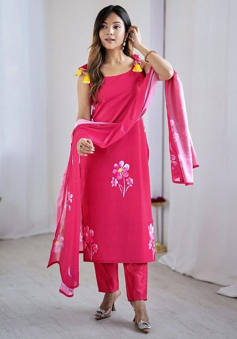 Pink Embroidered Blended Kurta Set