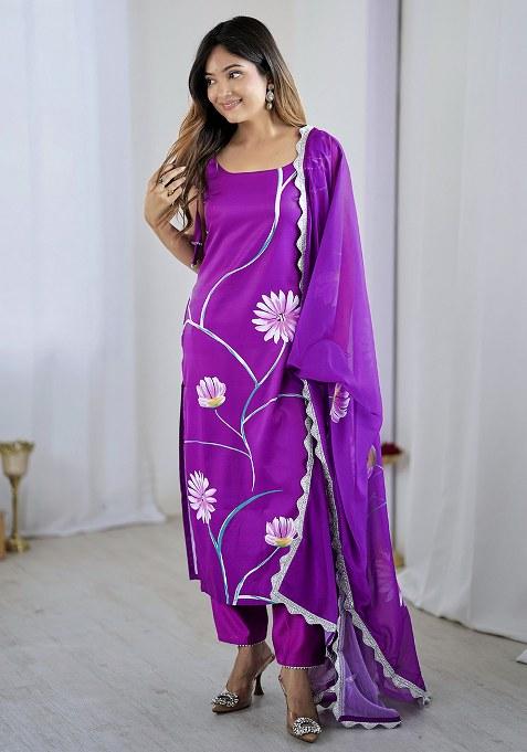 Purple Embroidered Blended Kurta Set