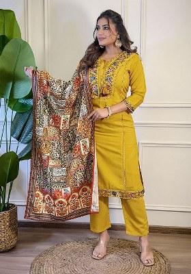 Yellow Embroidered Blended Kurta Set
