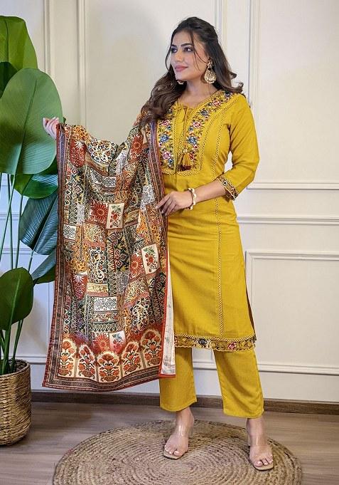 Yellow Embroidered Blended Kurta Set