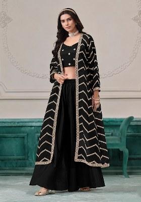 Black Embroidered Blended Indo Western Set
