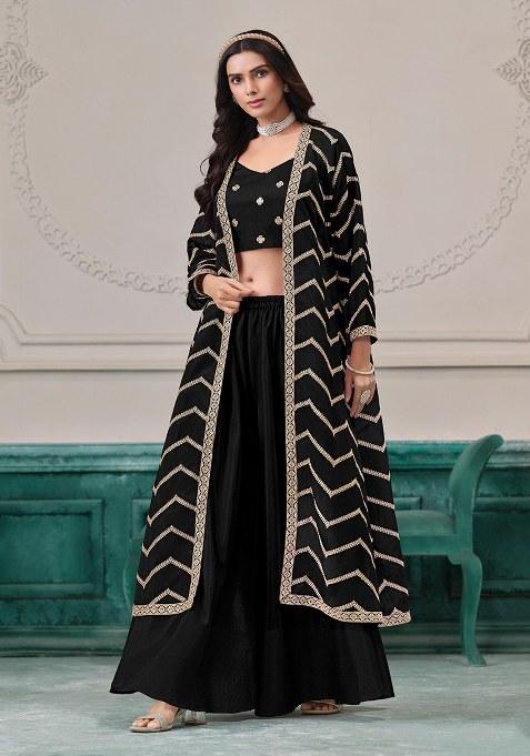 Black Embroidered Blended Indo Western Set