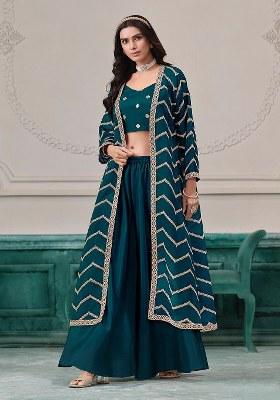 Blue Embroidered Blended Indo Western Set