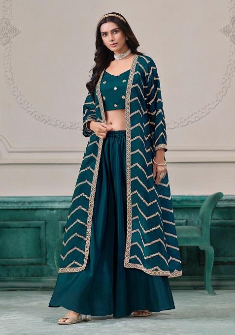 Blue Embroidered Blended Indo Western Set
