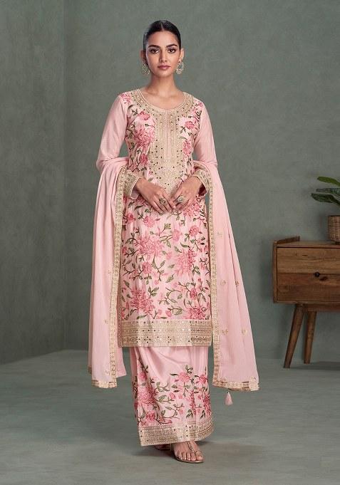 Pink Embroidered Blended Kurta Set