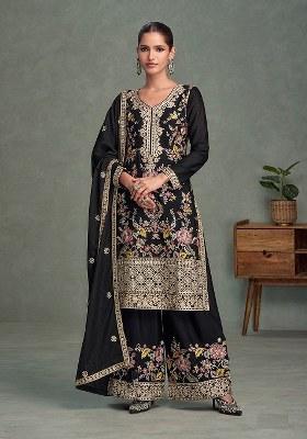 Black Embroidered Blended Kurta Set