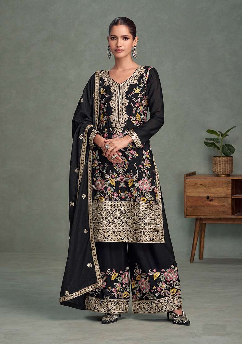 Black Embroidered Blended Sharara Set - Indya