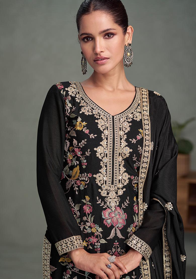 Black Embroidered Blended Kurta Set - Indya