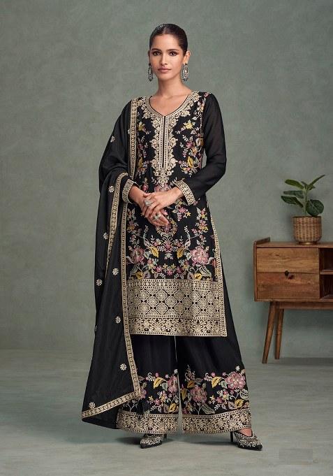 Black Embroidered Blended Kurta Set