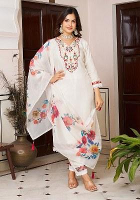Beige Embroidered Blended Kurta Set