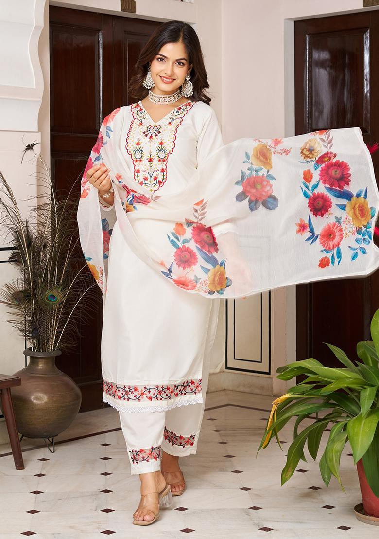 Beige Embroidered Blended Kurta Set - Indya