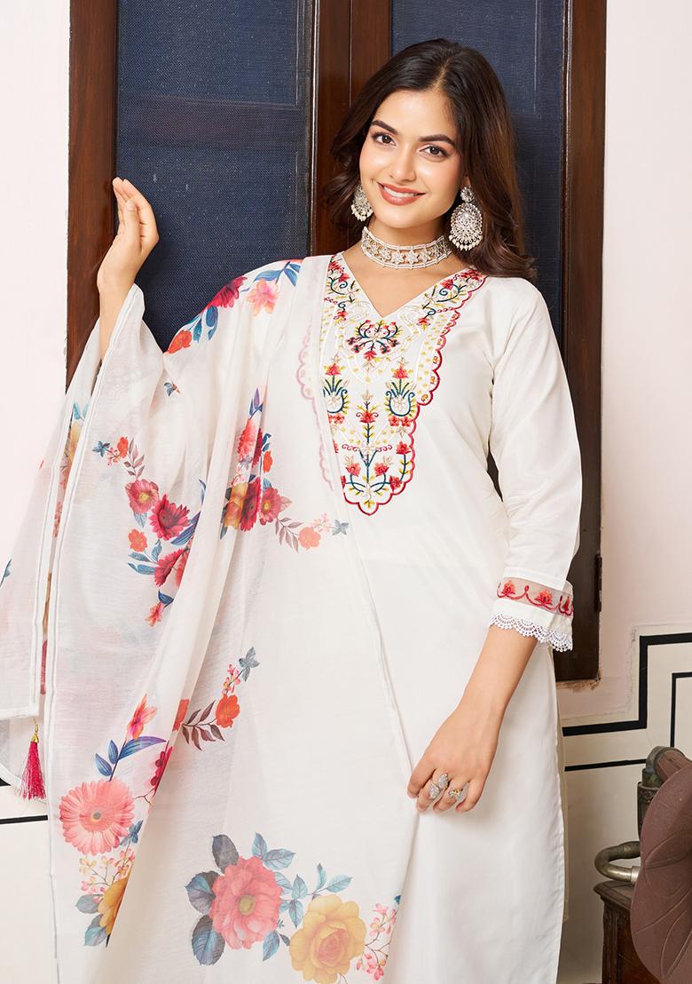 Beige Embroidered Blended Kurta Set - Indya