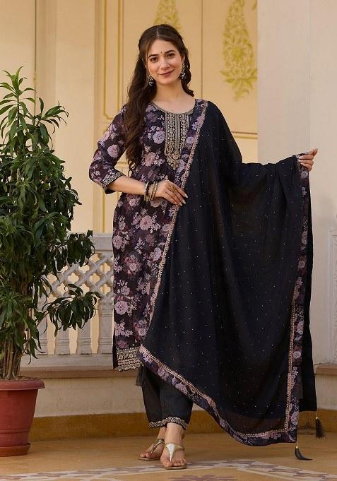 Black Embroidered Blended Kurta Set