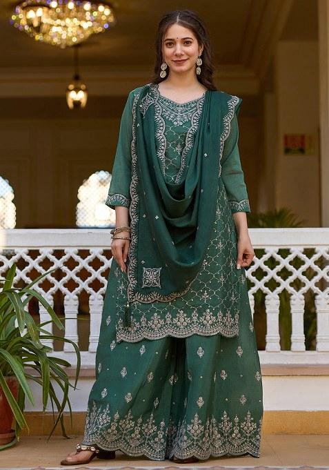 Green Embroidered Blended Kurta Set