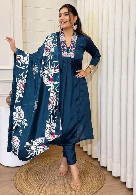 Blue Embroidered Blended Kurta Set