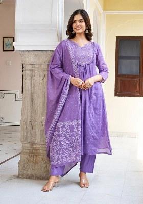 Purple Embroidered Blended Kurta Set