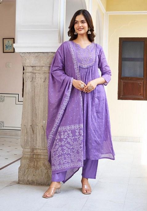 Purple Embroidered Blended Kurta Set
