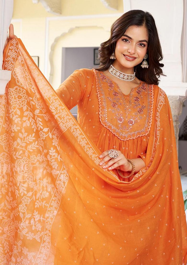 Orange Embroidered Blended Kurta Set - Indya