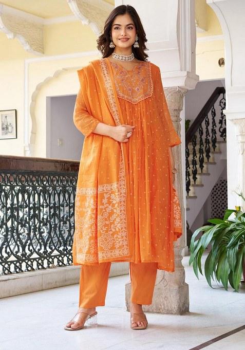 Orange Embroidered Blended Kurta Set