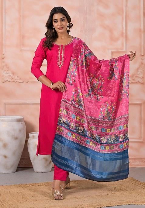 Pink Embroidered Blended Kurta Set