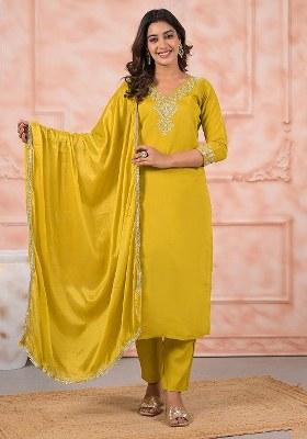 Yellow Embroidered Blended Kurta Set