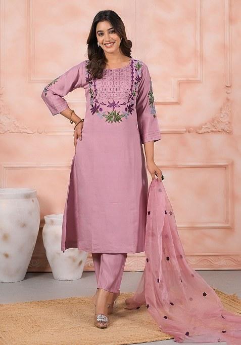 Pink Embroidered Blended Kurta Set