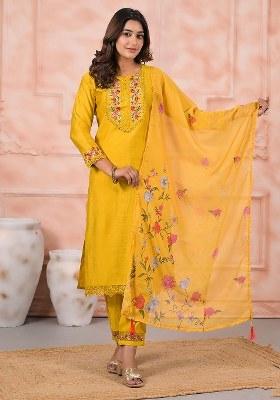 Yellow Embroidered Blended Kurta Set