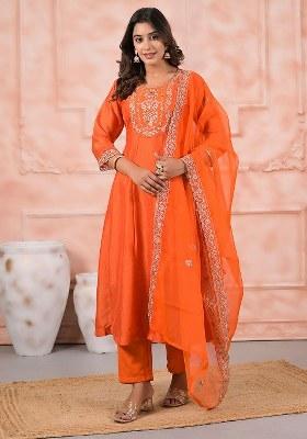 Orange Embroidered Blended Kurta Set