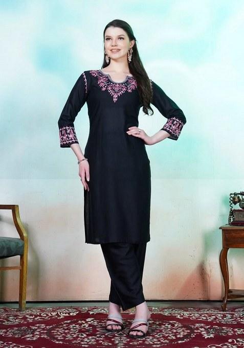 Black Embroidered Blended Kurta Set
