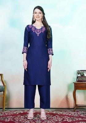 Blue Embroidered Blended Kurta Set