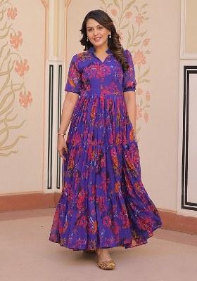 Blue Embroidered Blended Gown