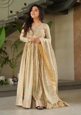 Brown Embroidered Blended Gown With Dupatta