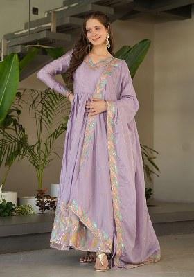 Purple Embroidered Blended Gown With Dupatta