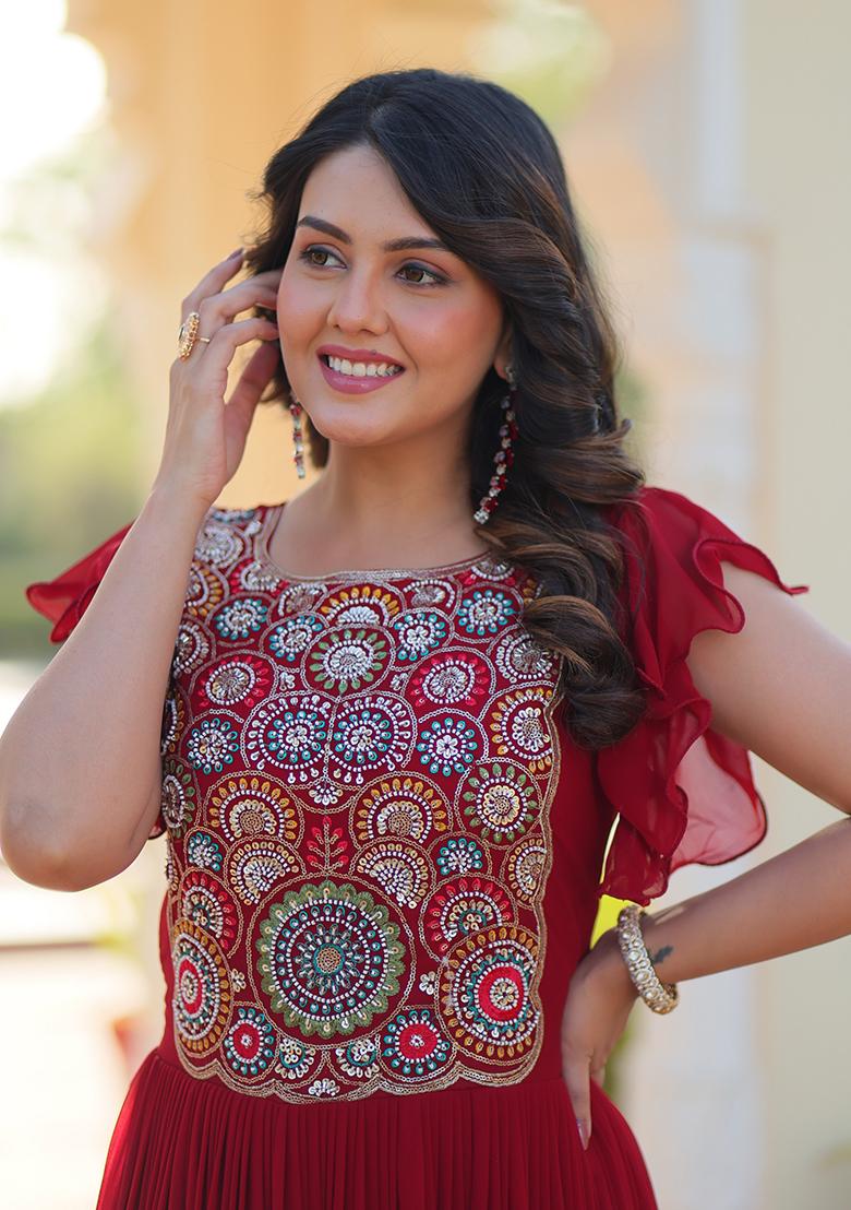 Maroon Embroidered Blended Gown - Indya