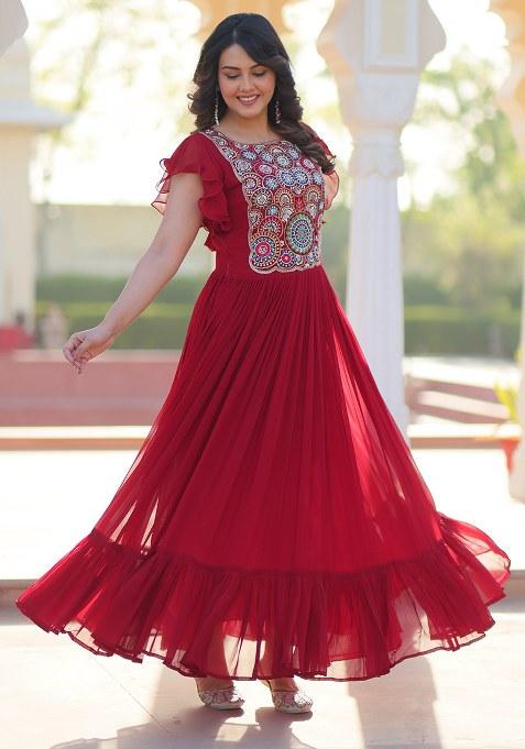 Maroon Embroidered Blended Gown