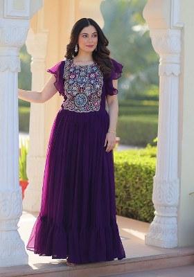 Purple Embroidered Blended Gown
