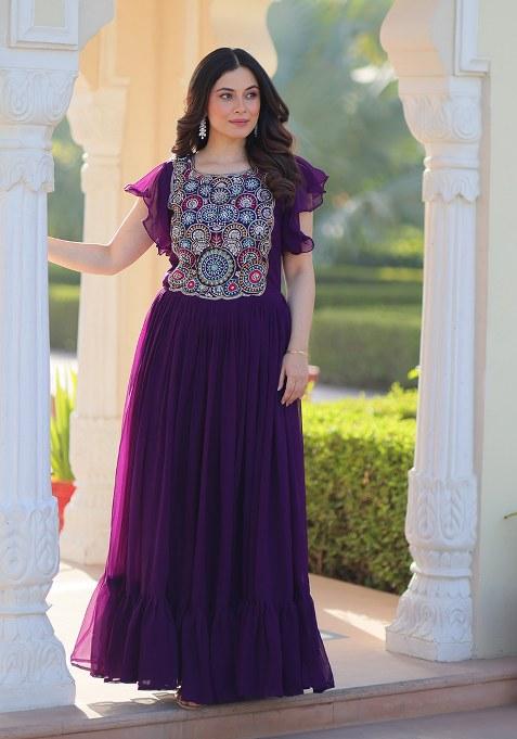 Purple Embroidered Blended Gown