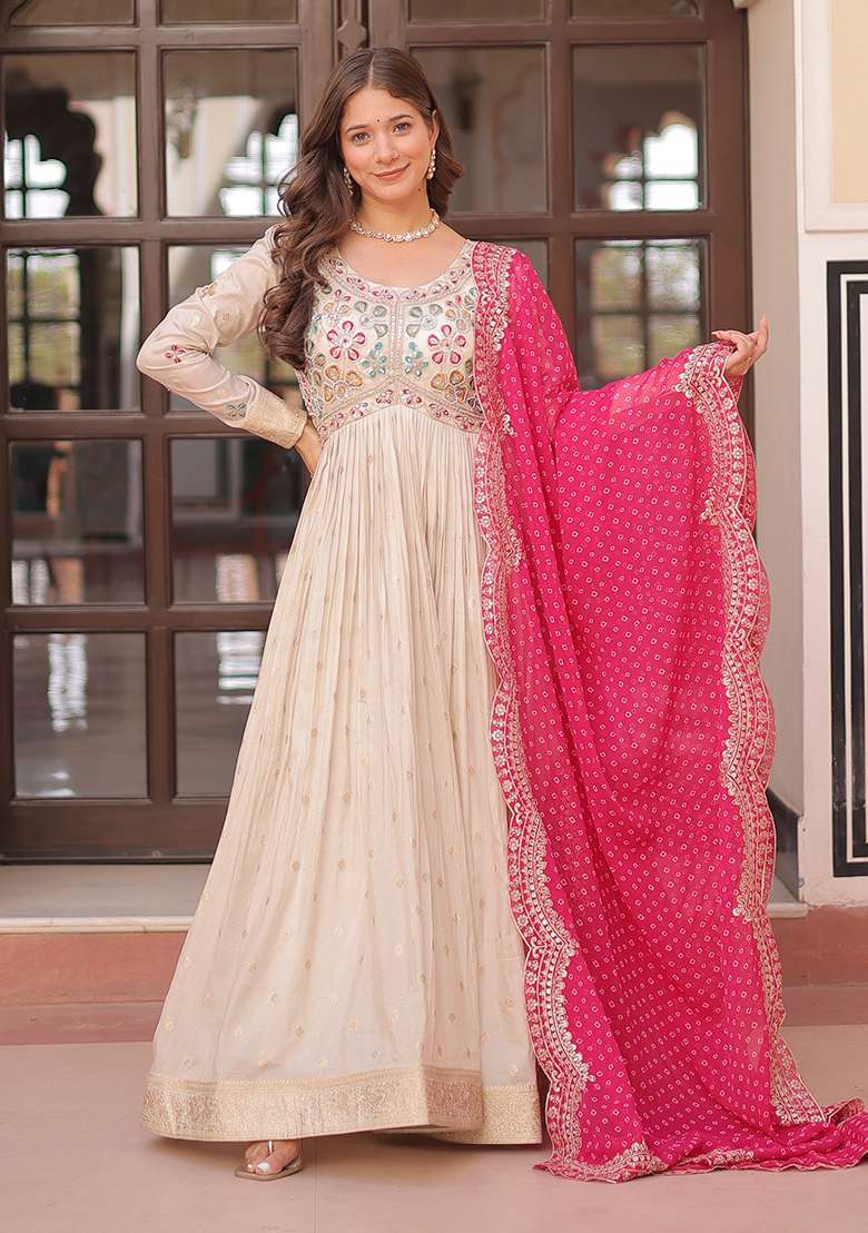 Beige Embroidered Blended Anarkali Set - Indya