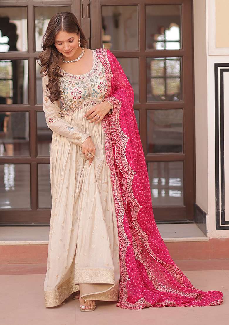 Beige Embroidered Blended Anarkali Set - Indya