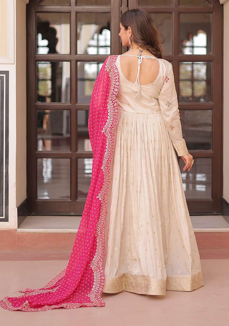 Beige Embroidered Blended Anarkali Set - Indya