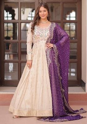 Beige Embroidered Blended Gown With Dupatta